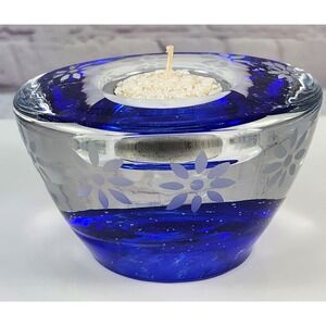 Rare Kosta Boda w/ Bohemian Czech Etched Cobalt Blue Votive Tealight Candle Blow